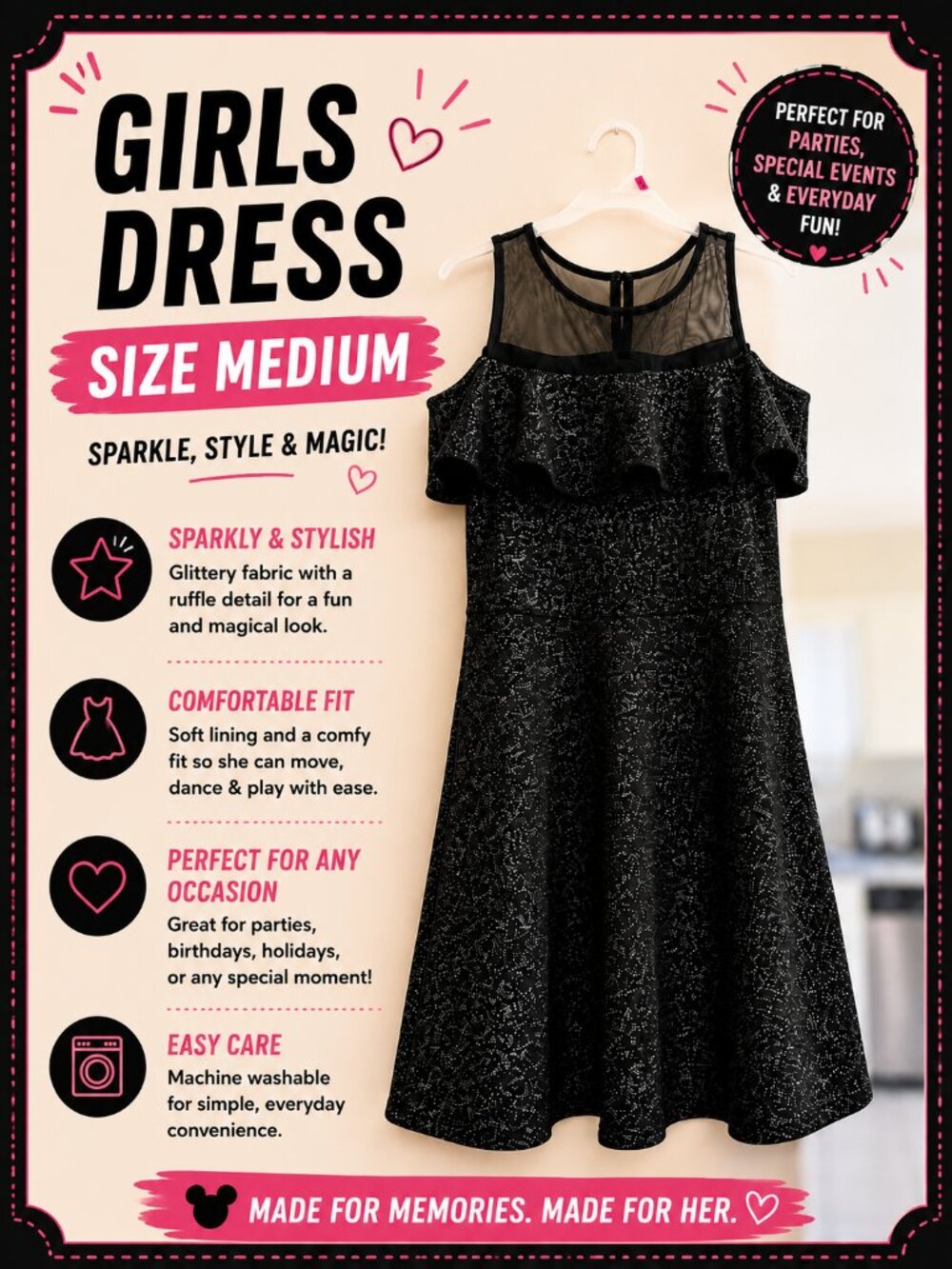 Disney Girls Black Sparkle Dress Size Medium